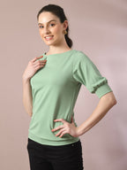 Myshka Women's Sea Green Solid Boat Neck Party Top
