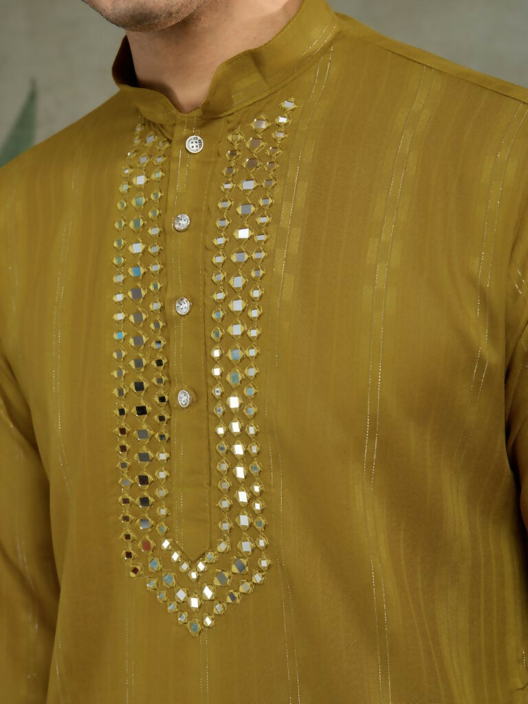 Vastranavya Rust Yellow Exclusive Viscose Rayon Festival Wear Real Mirror Work Kurta with Dupatta