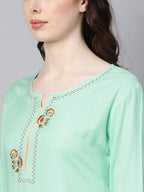Yufta Women Sea Green & Peach Embroidered Kurta with Palazzo