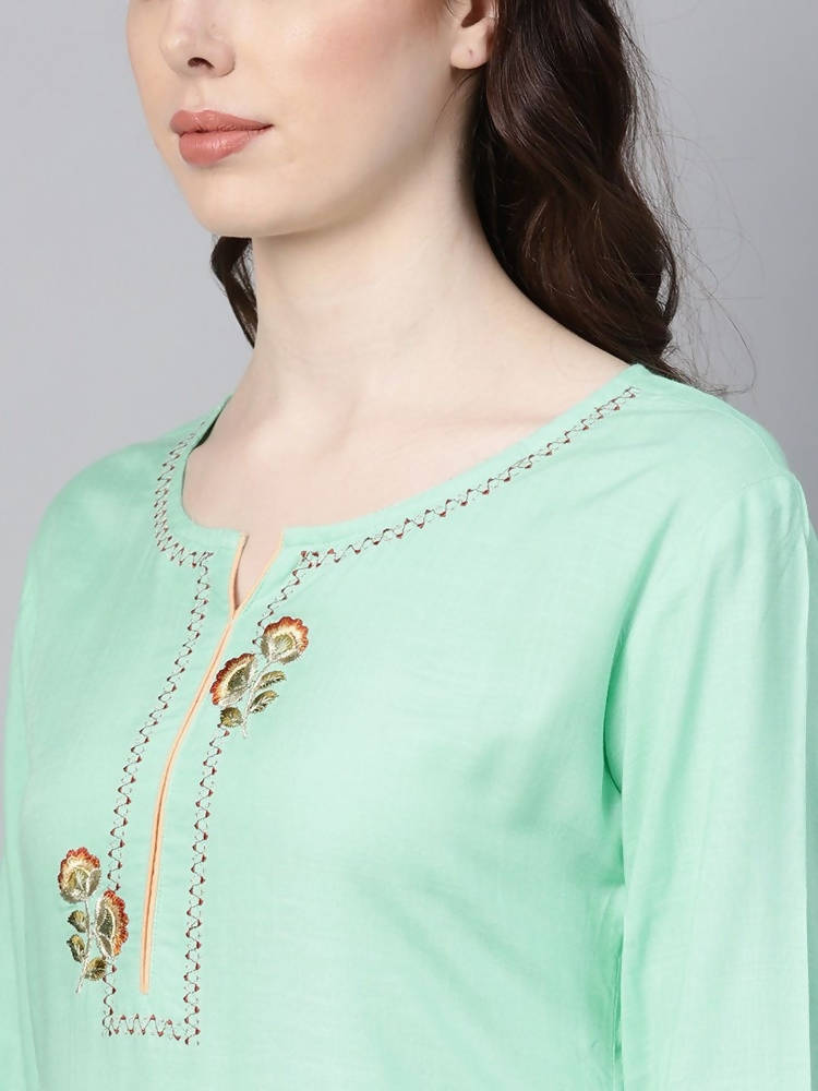 Yufta Women Sea Green & Peach Embroidered Kurta with Palazzo