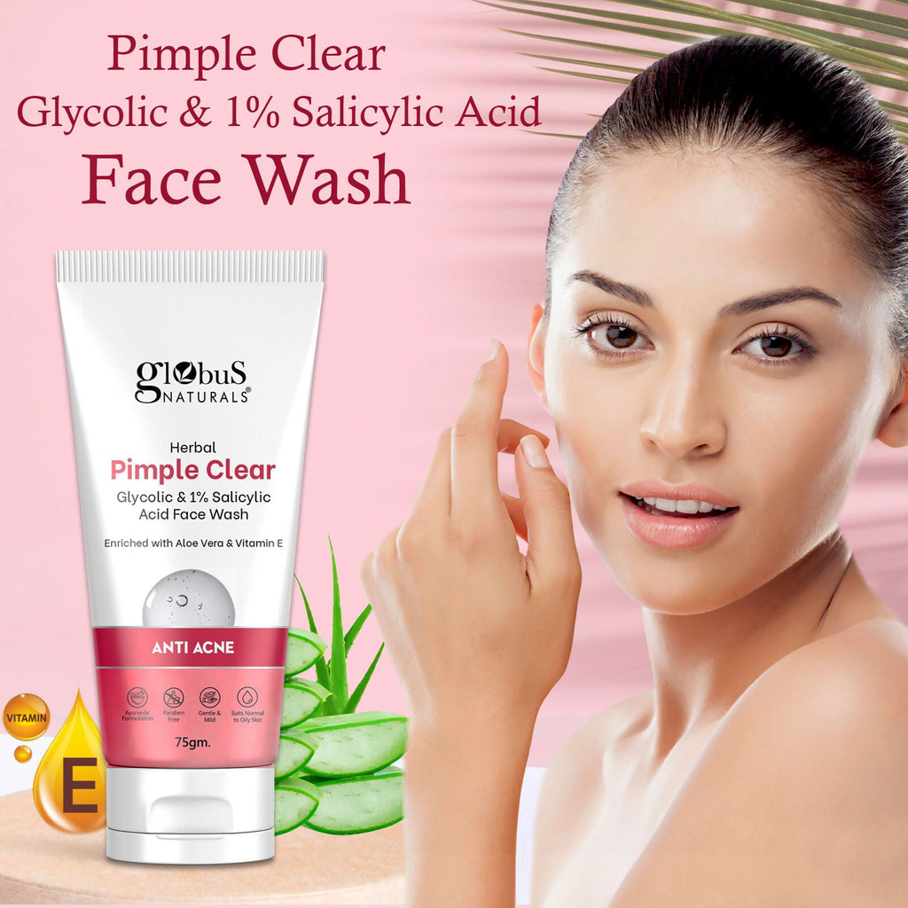 Globus Naturals Herbal Pimple Clear Glycolic & 1% Salicylic Acid Face Wash - Distacart