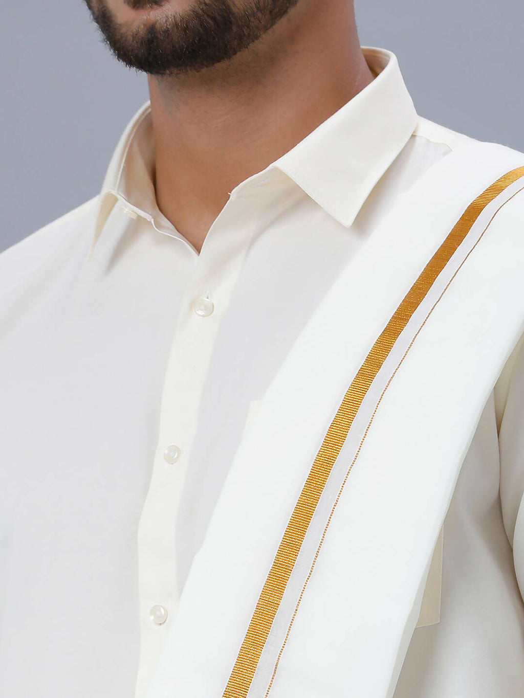 Ramraj Cotton Mens Wedding Set Cream Regular Dhoti, Shirt & Towel Arathi 1/2"