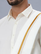 Ramraj Cotton Mens Wedding Set Cream Regular Dhoti, Shirt & Towel Arathi 1/2"