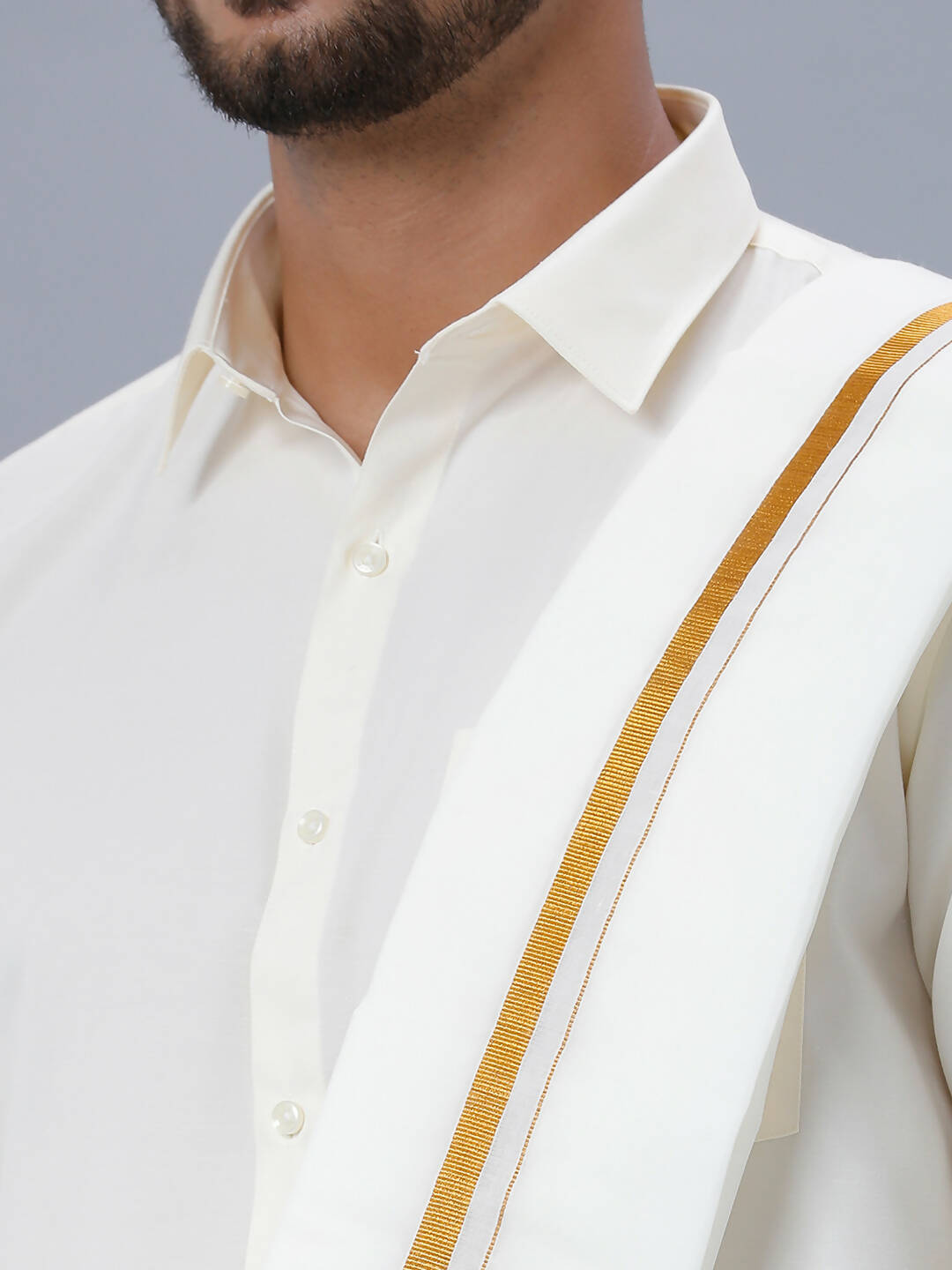 Ramraj Cotton Mens Wedding Set Cream Regular Dhoti, Shirt & Towel Arathi 1/2"