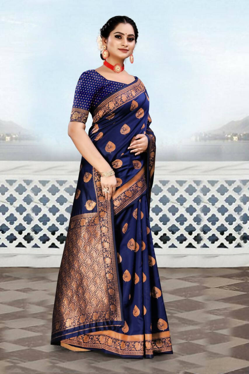 DEIANA'S Beautiful Designer Golden zari Soft Lichi Silk Saree - Blue
