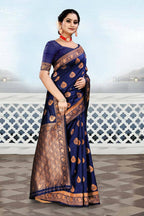 DEIANA'S Beautiful Designer Golden zari Soft Lichi Silk Saree - Blue