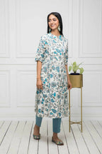 Myshka Women Multi Floral Cotton A-Line Mandarin Collar Kurtas - Distacart
