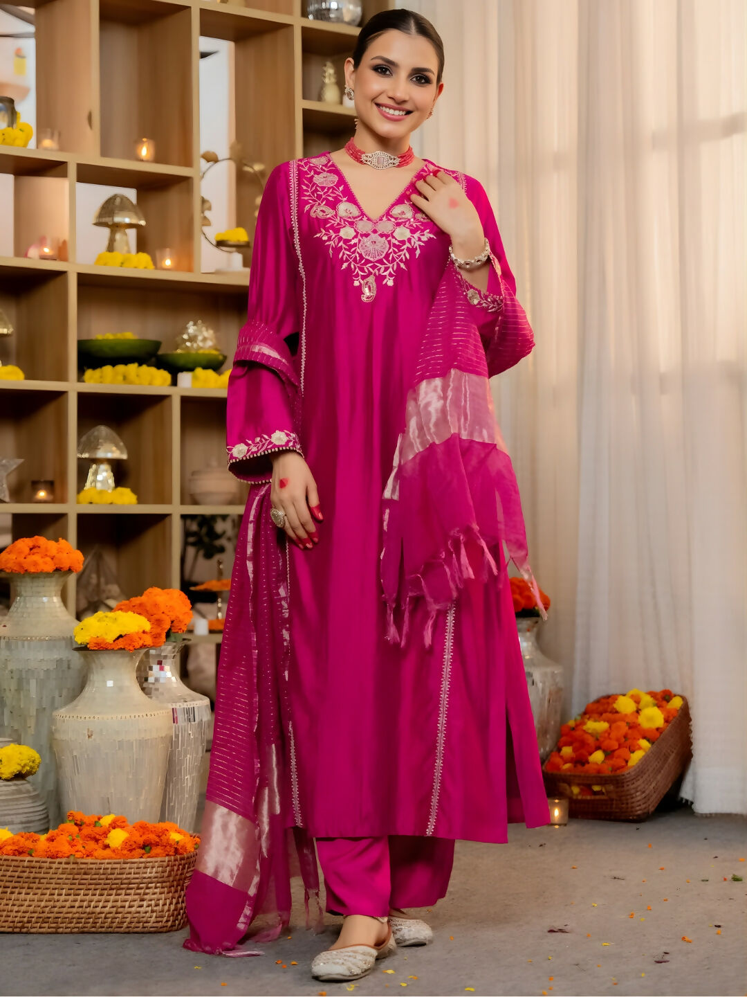 The52 Women's Beautiful Viscose Silk Fabric Embroidery Work A-Line Kurta Pant and Dupatta Set - Distacart