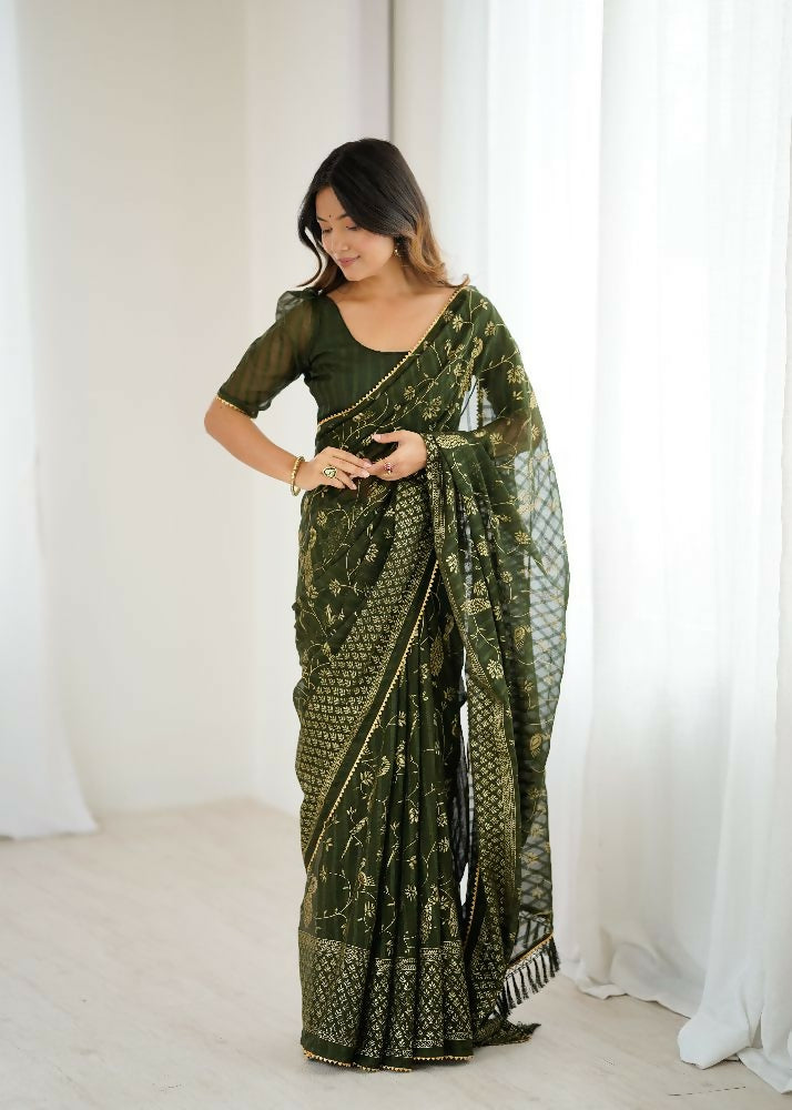 PR Fashion Mehendi Georgette Patta Plain With Foil Work And Small Lace And Zalar Lace Saree