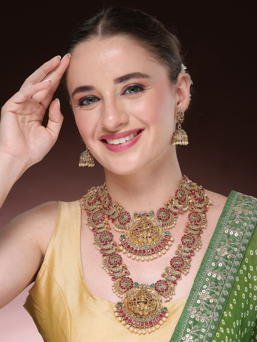 NVR Women's Set of 2 Gold-Polished Green & Pink Stone Studded Peacock & Lakshmi Design Temple Jewellery Set