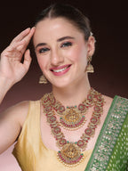 NVR Women's Set of 2 Gold-Polished Green & Pink Stone Studded Peacock & Lakshmi Design Temple Jewellery Set