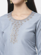 Myshka Women Light Blue Silk Blend Embroidered 3/4 Sleeve Round Neck Kurta Pant Dupatta Set