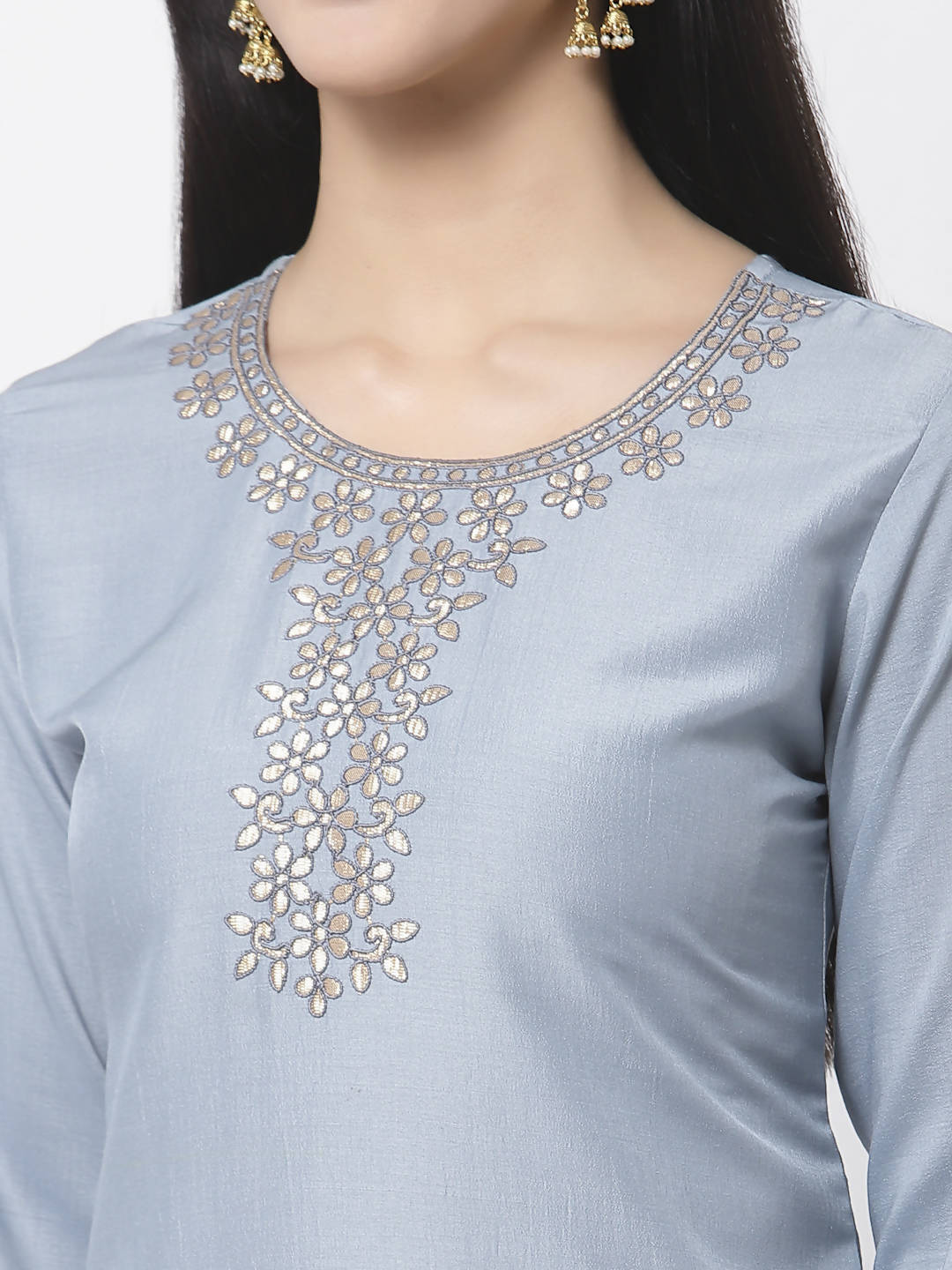 Myshka Women Light Blue Silk Blend Embroidered 3/4 Sleeve Round Neck Kurta Pant Dupatta Set