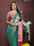 Lorenvalley Fashion Teal Soft Silk Woven Design Zari Weaving Saree