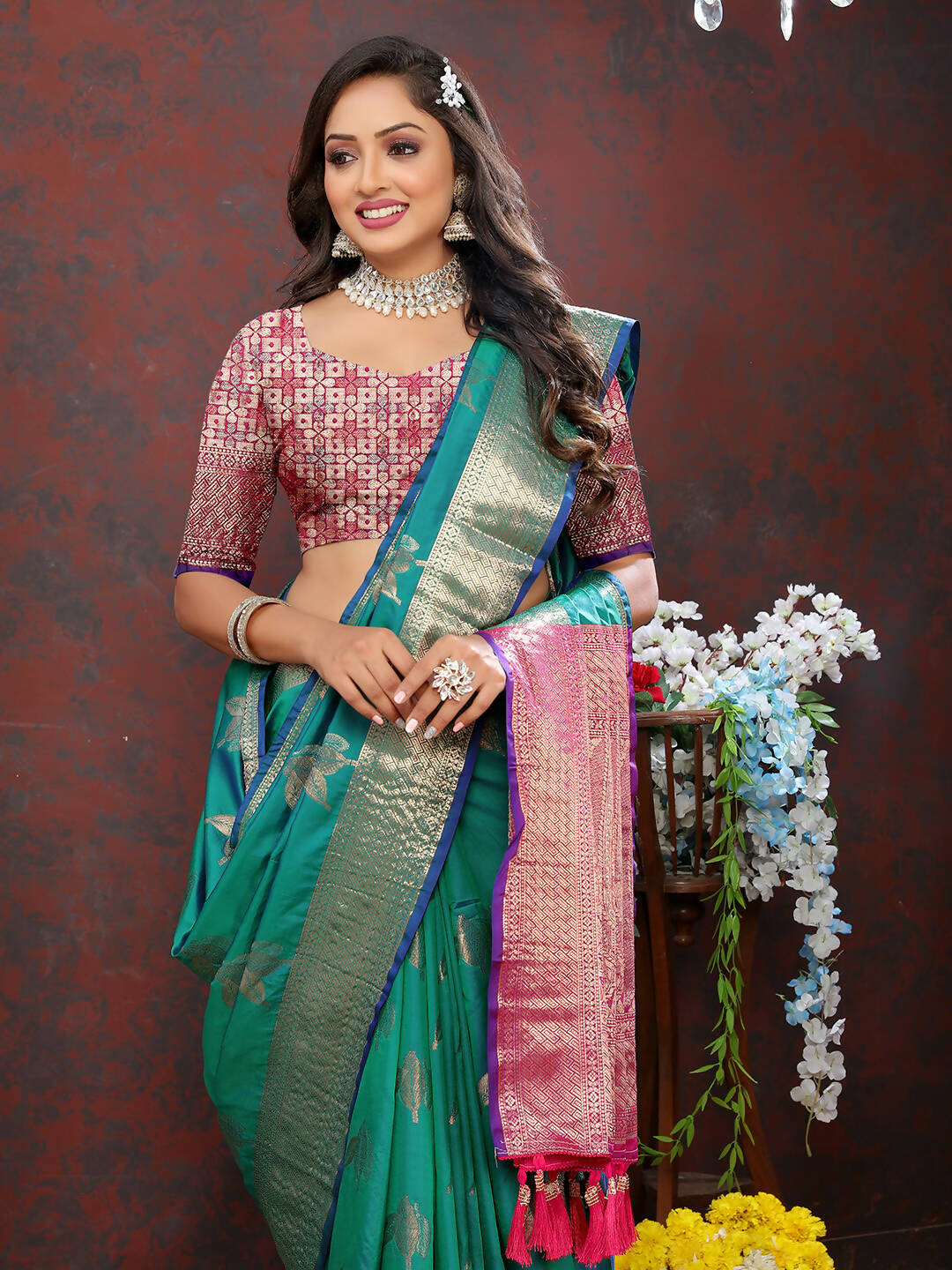 Lorenvalley Fashion Teal Soft Silk Woven Design Zari Weaving Saree
