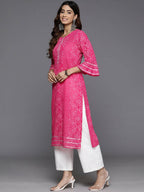 Ahalyaa Women Beige Floral Printed Regular Gotta Patti Kurta - Pink