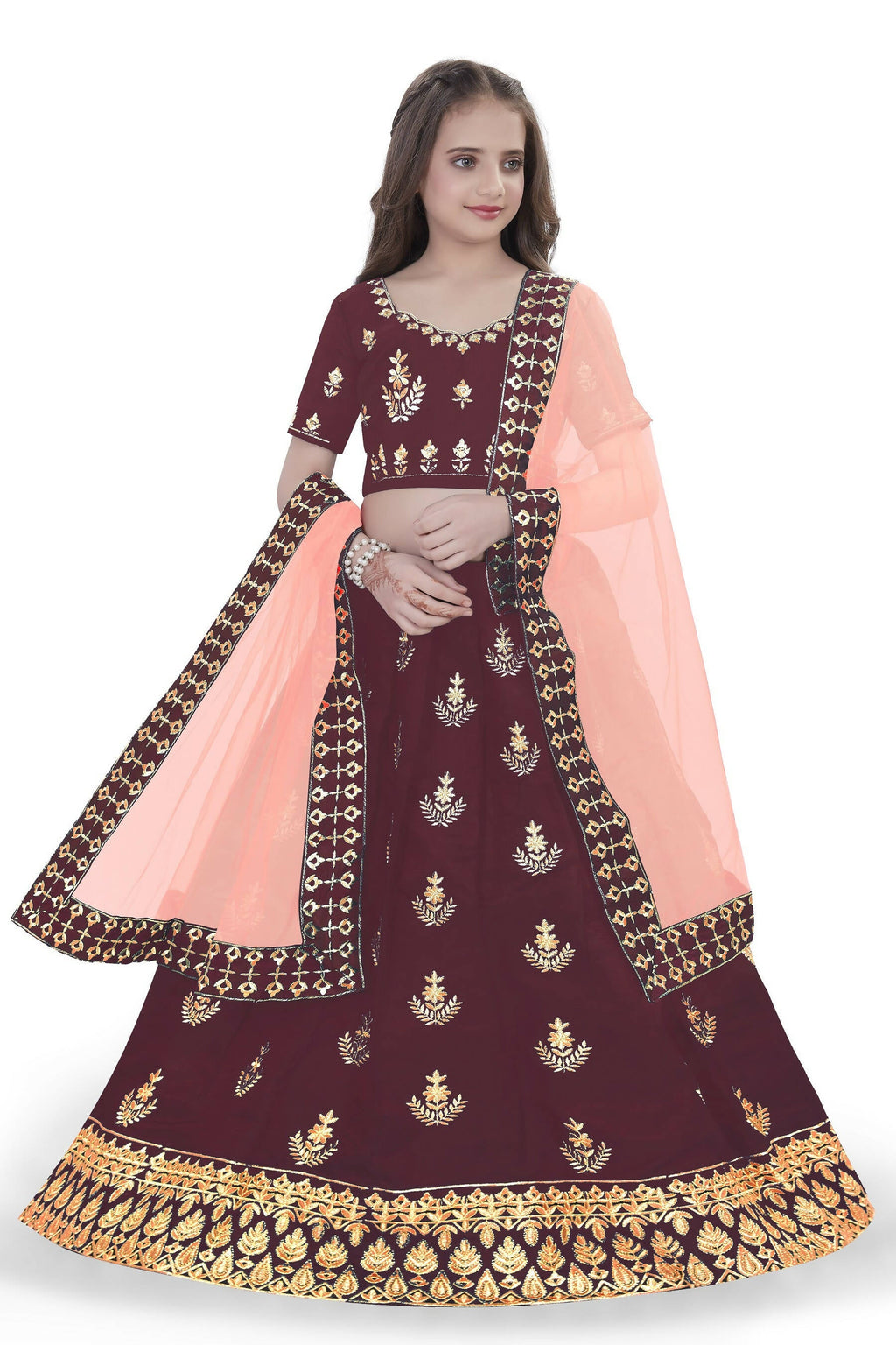 Dwiden Maroon Kamal Tafetta Sattin Semi-Stitched Girl's Lehenga Choli