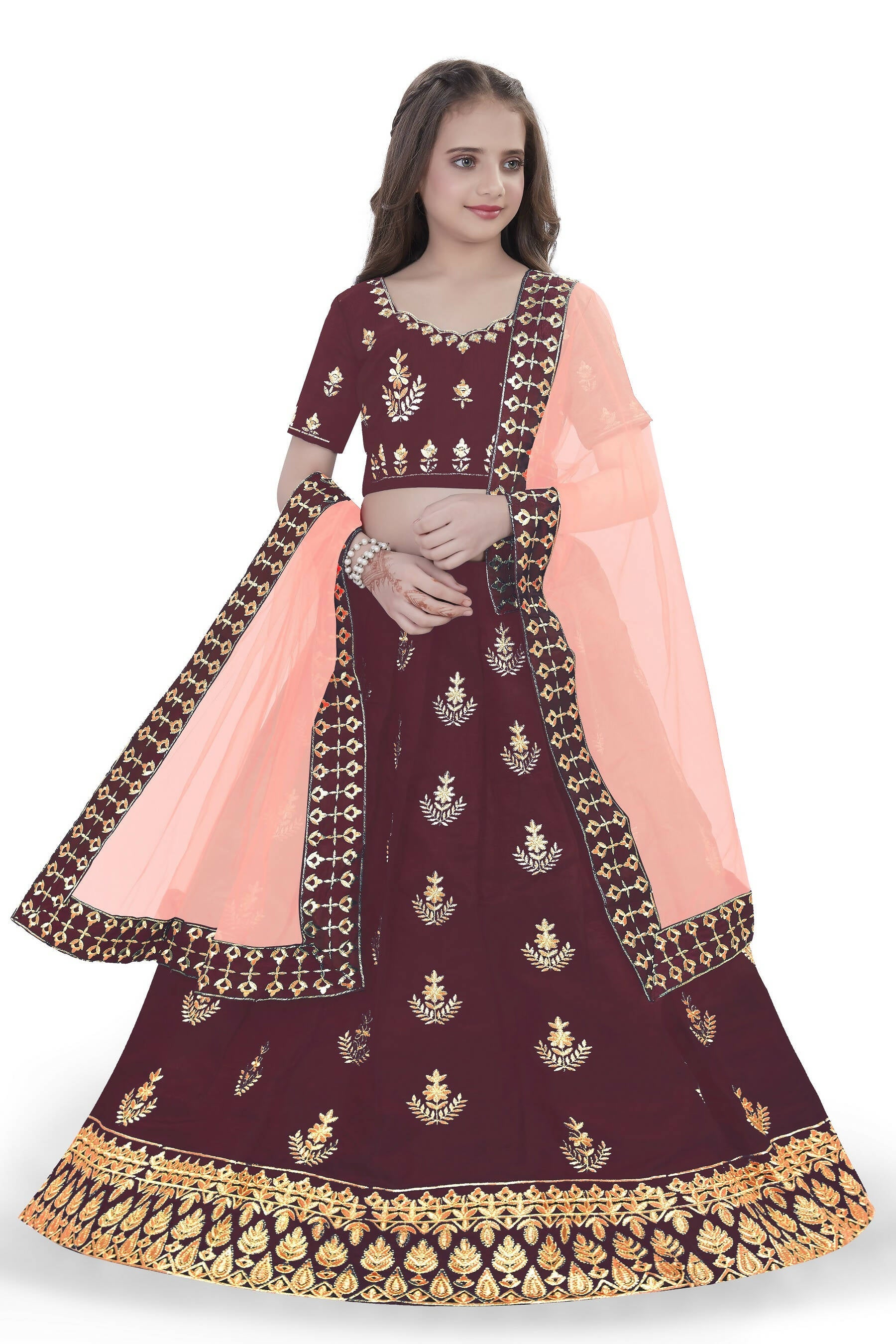 Dwiden Maroon Kamal Tafetta Sattin Semi-Stitched Girl's Lehenga Choli