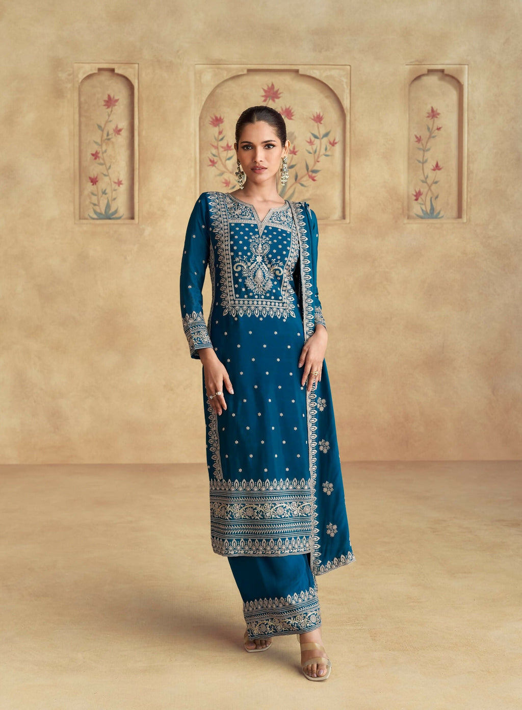 Anaita Teal Premium Chinon Embroidered Dhaga Sequence Work Ready Made Suit - Distacart