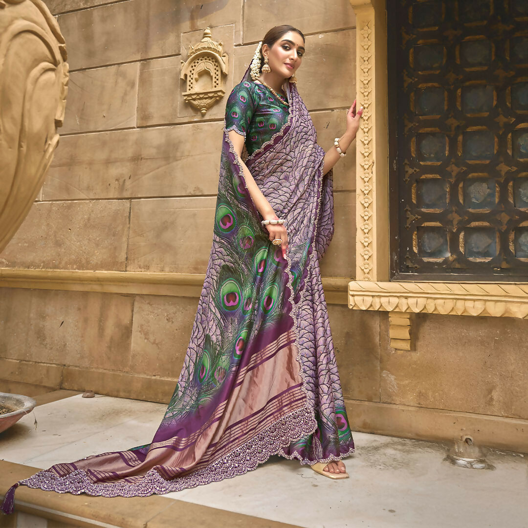 Purple Gajji Silk Diamond With Handwork Saree With Unstitched Blouse - Norita Gajri