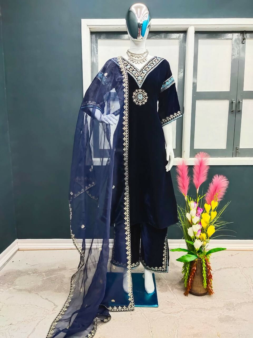 Teeya Creation Blue Color Velvet Designer Embroidery Work party Wear Suit - Distacart