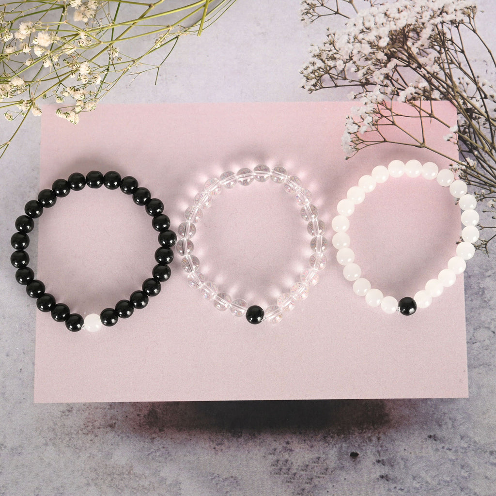 NVR Men & Women Transparent & White & Black Marbel Crystal Elasticated Bracelet - Distacart