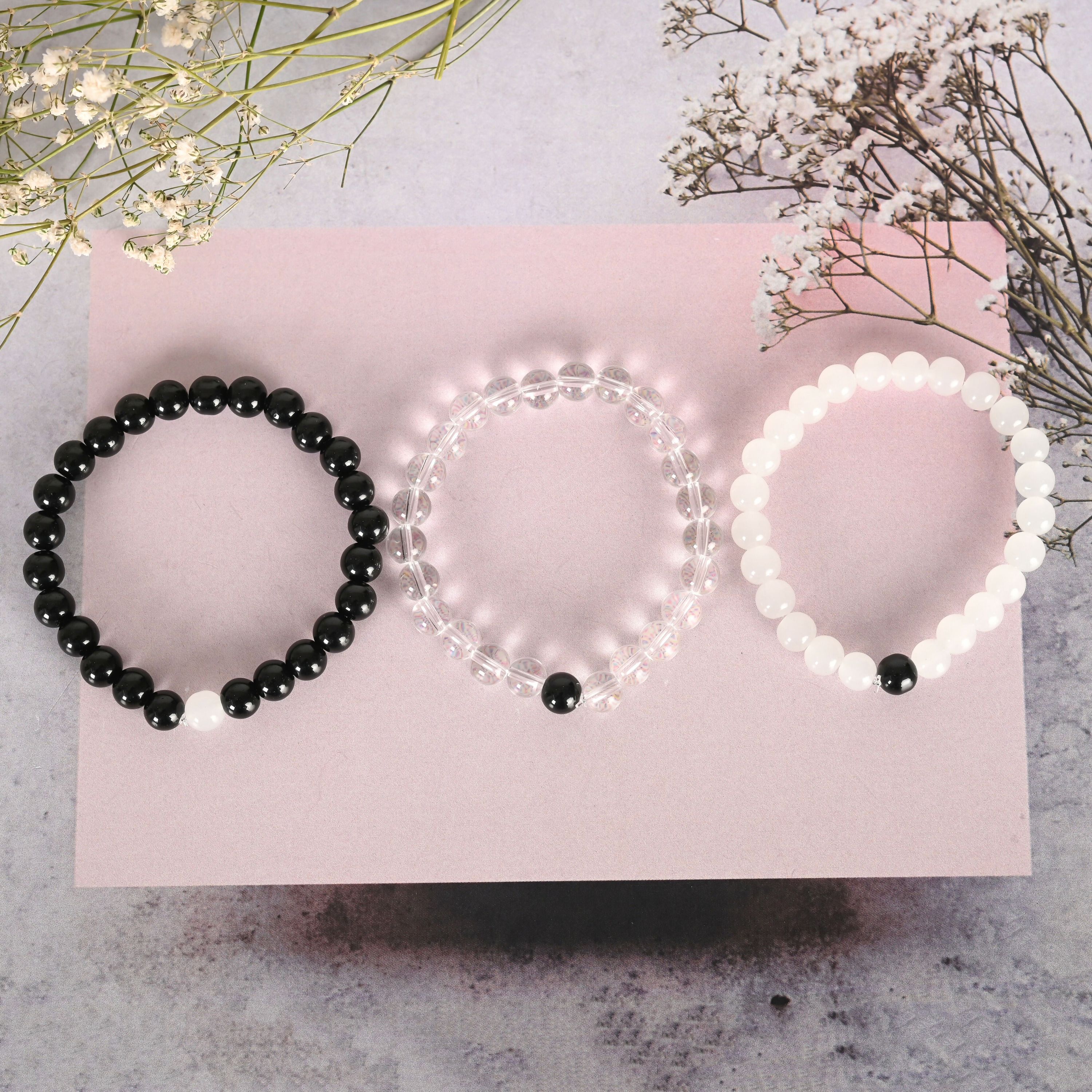 NVR Men & Women Transparent & White & Black Marbel Crystal Elasticated Bracelet - Distacart