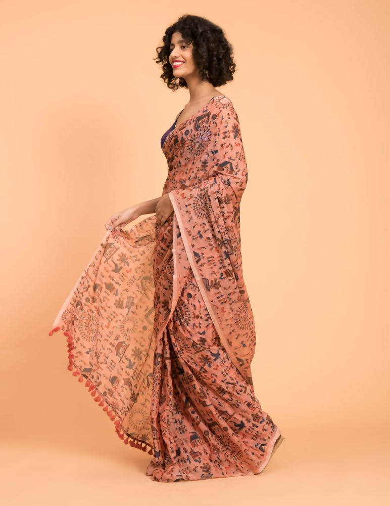 Suta Peach Blue Warli Printed Pure Cotton Saree - Distacart