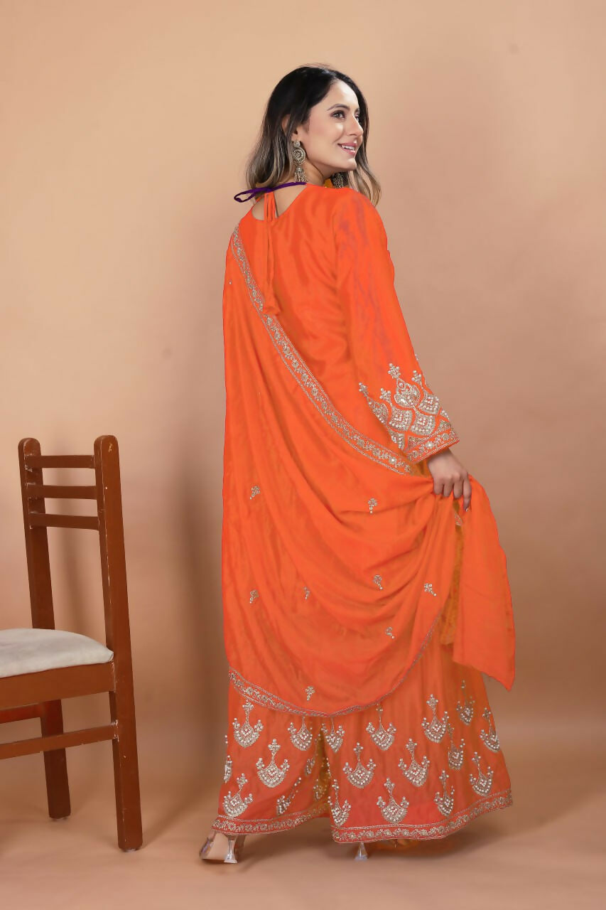 Teeya Creation Orange Chinon Embroidery Work Party Wear Palazzo Suit - Distacart