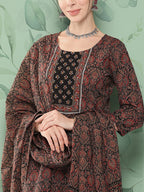 Yufta Women Black & Red Floral Printed Pure Cotton Kurta with Trousers & With Dupatta