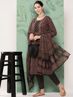 Yufta Women Black & Red Floral Printed Pure Cotton Kurta with Trousers & With Dupatta