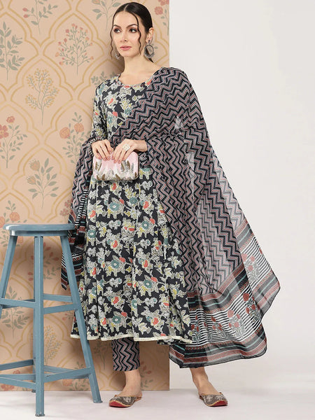 Yufta Women Floral Printed Regular Pure Cotton Kurta with Trousers & With Dupatta