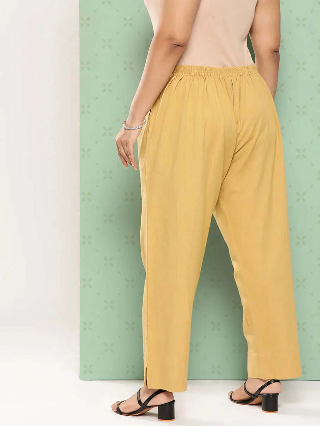 Yufta Women Plus Size Beige Cotton Ethnic Trousers