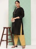Yufta Women Plus Size Beige Cotton Ethnic Trousers