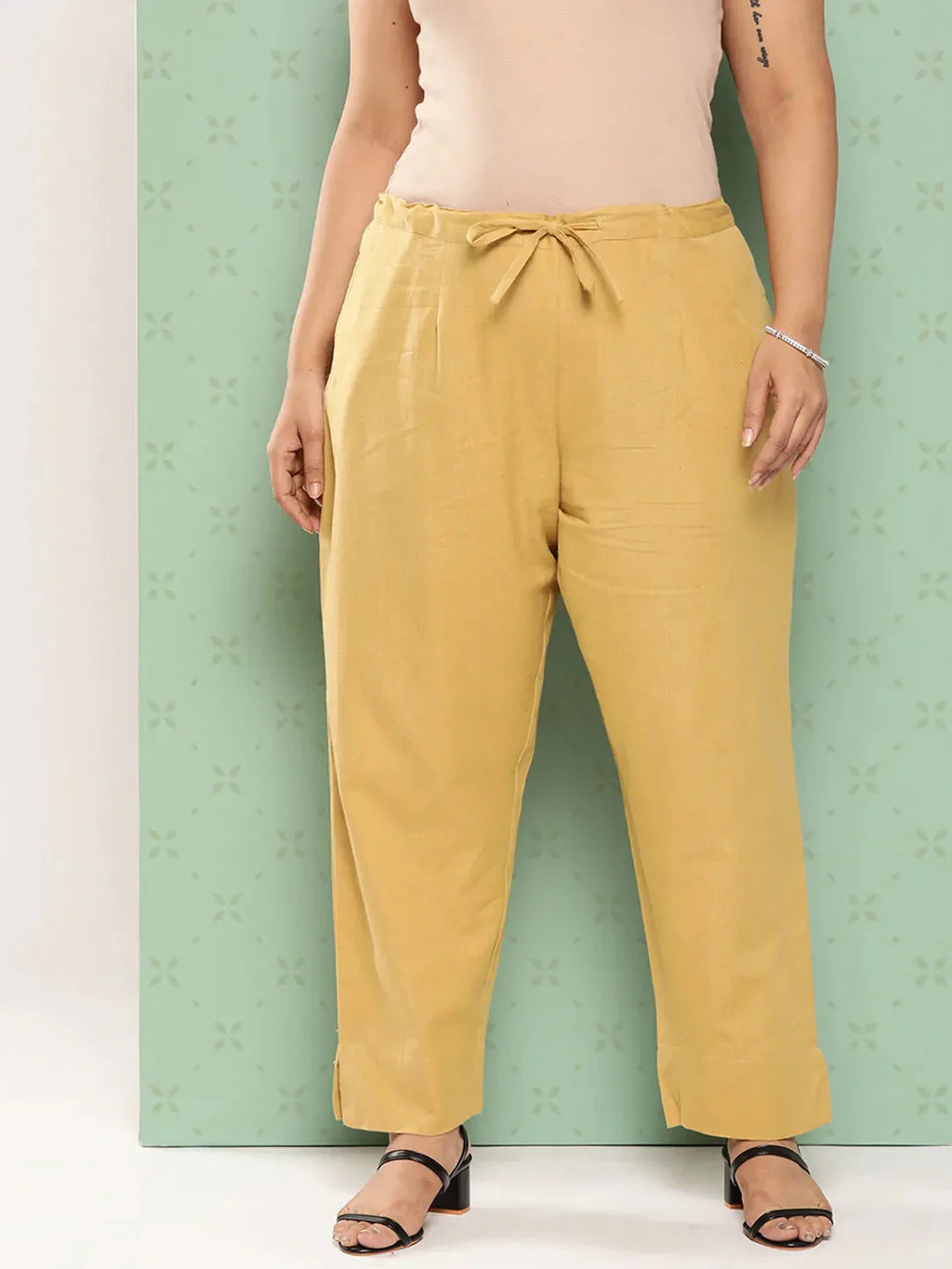 Yufta Women Plus Size Beige Cotton Ethnic Trousers