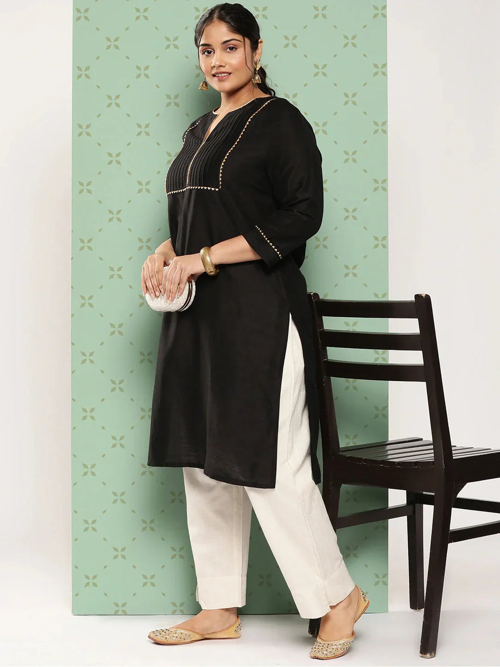 Yufta Women Plus Size Cream Pure Cotton Ethnic Trousers
