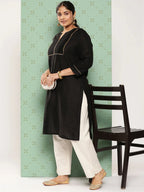Yufta Women Plus Size Cream Pure Cotton Ethnic Trousers