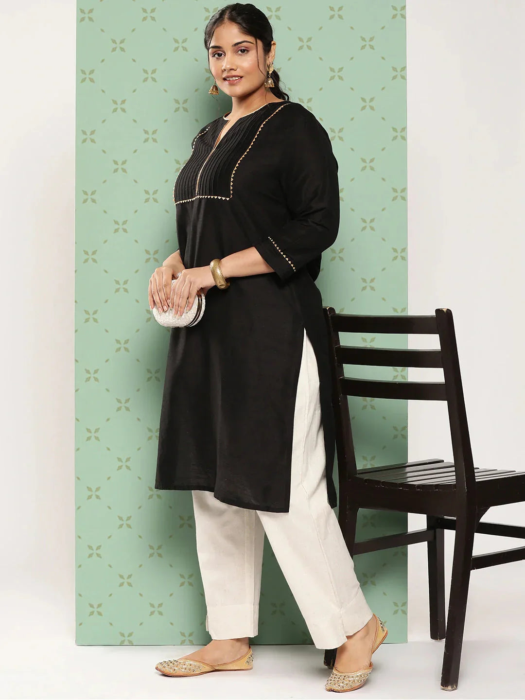 Yufta Women Plus Size Cream Pure Cotton Ethnic Trousers