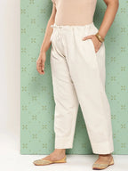 Yufta Women Plus Size Cream Pure Cotton Ethnic Trousers