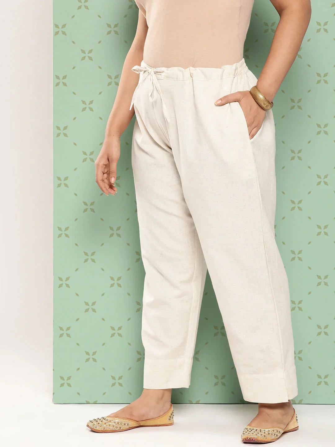 Yufta Women Plus Size Cream Pure Cotton Ethnic Trousers