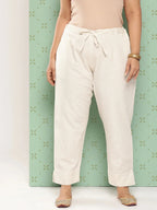 Yufta Women Plus Size Cream Pure Cotton Ethnic Trousers