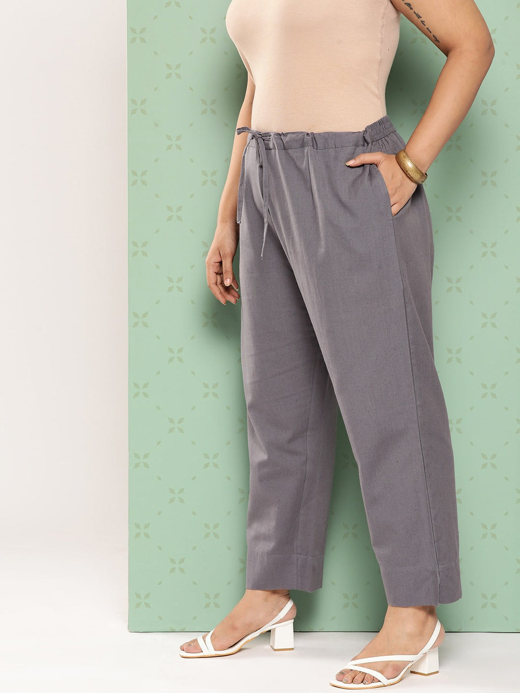 Yufta Women Plus Size Grey Cotton Ethnic Trousers