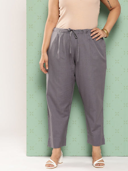 Yufta Women Plus Size Grey Cotton Ethnic Trousers