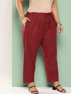 Yufta Women Plus Size Maroon Cotton Ethnic Trousers