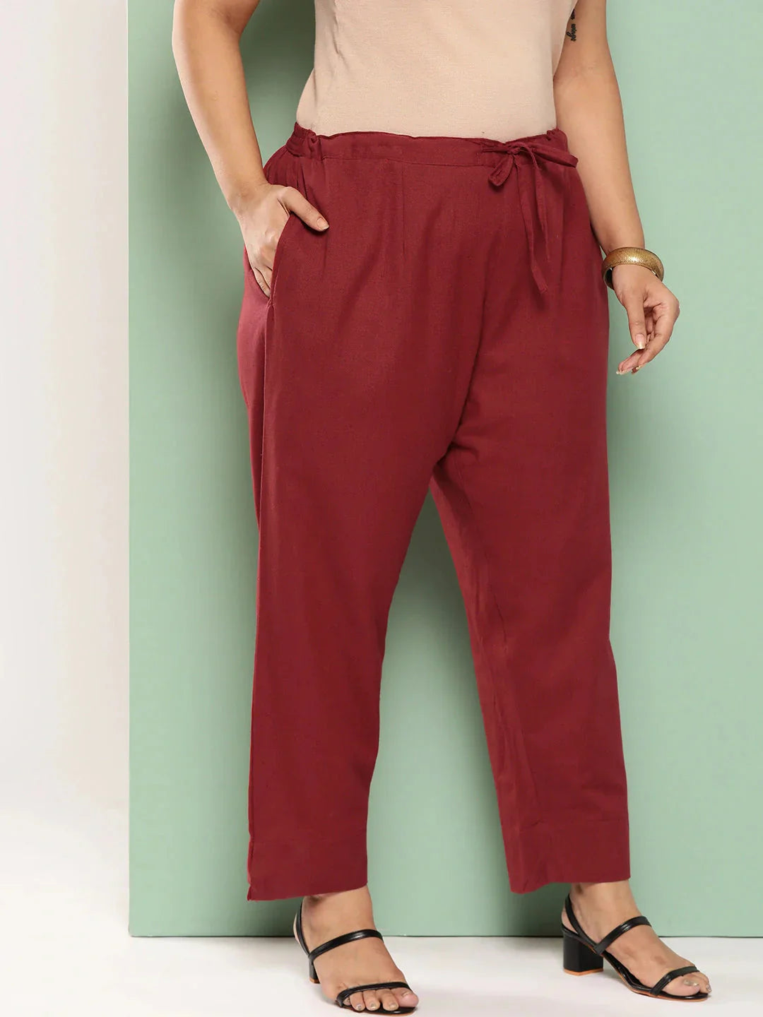 Yufta Women Plus Size Maroon Cotton Ethnic Trousers