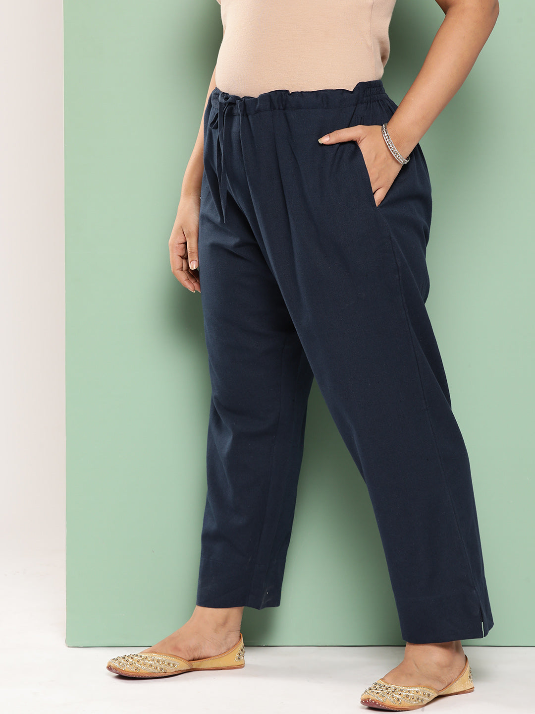 Yufta Women Plus Size Navy Blue Cotton Ethnic Trousers