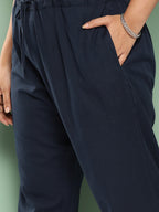 Yufta Women Plus Size Navy Blue Cotton Ethnic Trousers