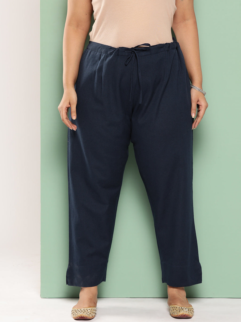 Yufta Women Plus Size Navy Blue Cotton Ethnic Trousers