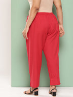 Yufta Women Plus Size Red Cotton Ethnic Trousers