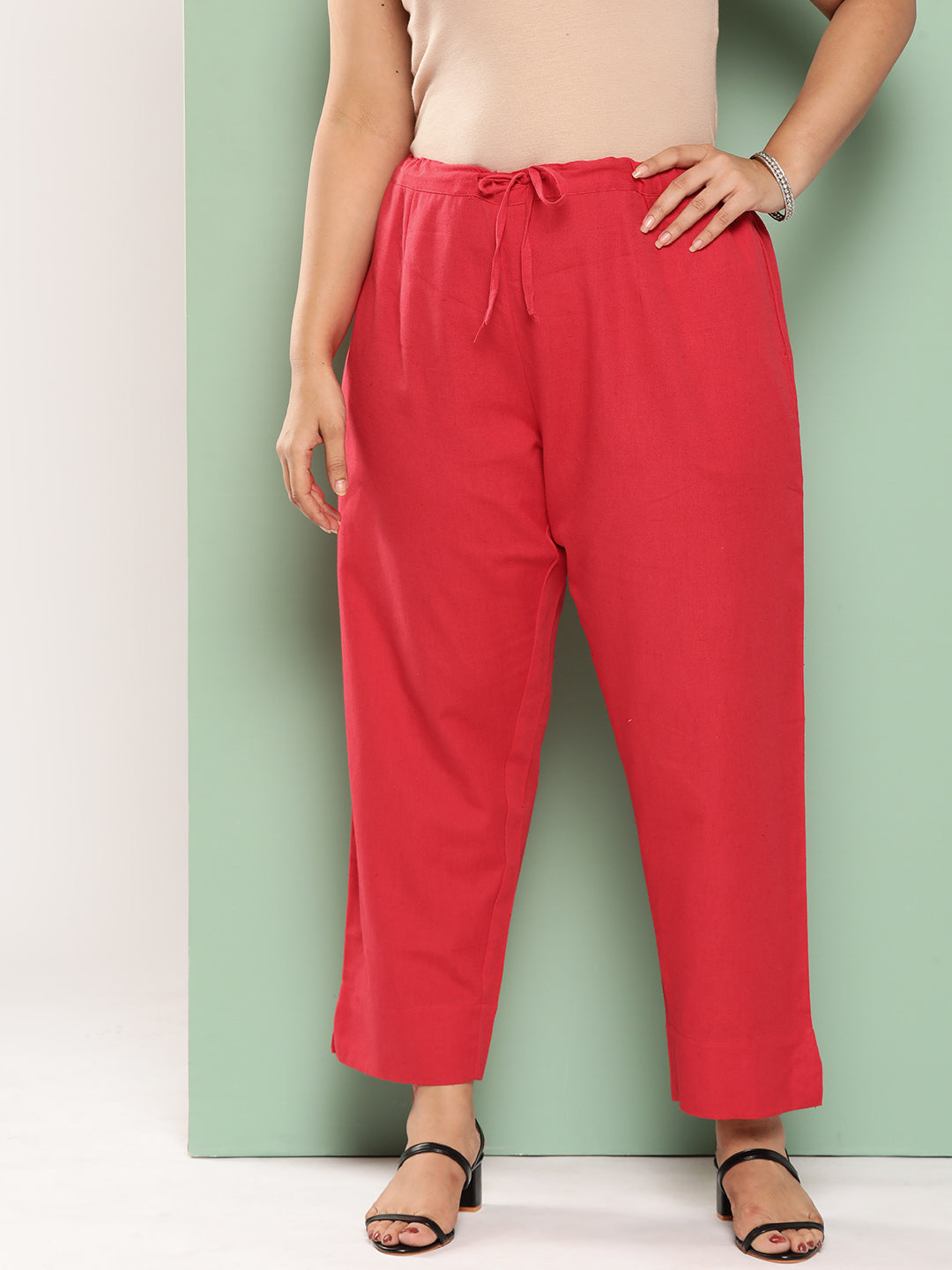 Yufta Women Plus Size Red Cotton Ethnic Trousers